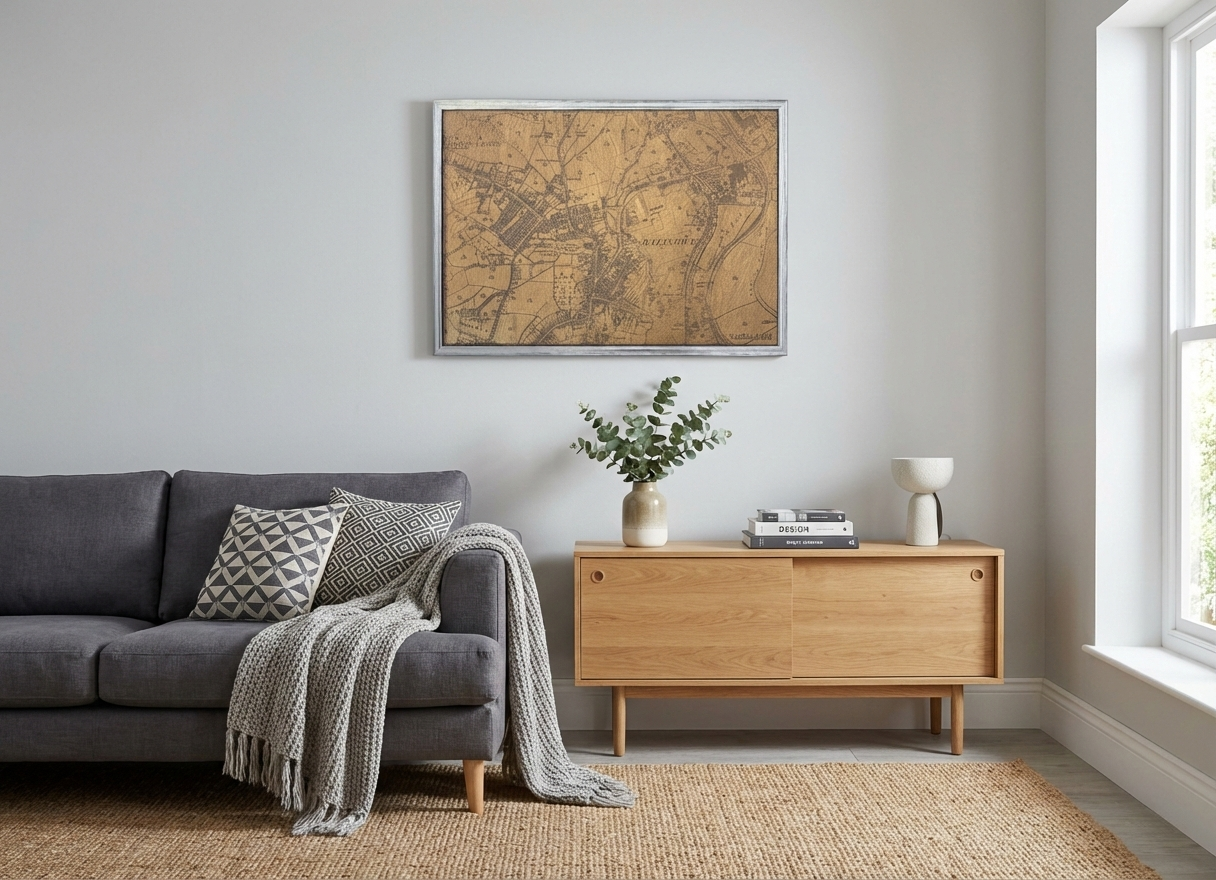 A carved wooden panel art work of Halesowen High Street displayed in a family home.