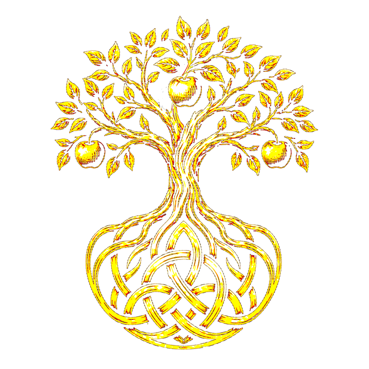 The Little Orchard Workshop emblem, an apple tree whose roots form a Celtic knot