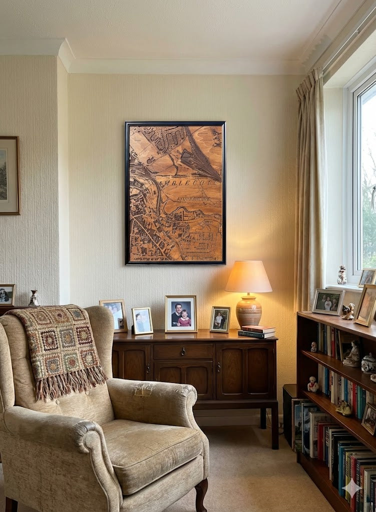 Map wall art of Amblecote displayed in a mature persons house with a worn comfortable chair in the foreground.