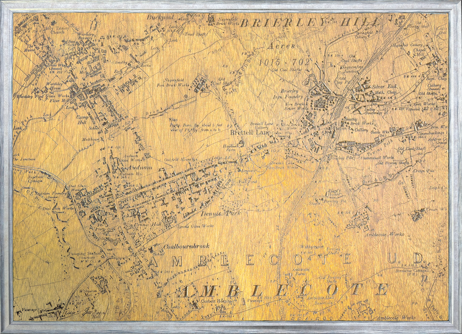 CNC-carved wooden map of Amblecote High Street based on an 1892 historical map, A2 framed wall art
