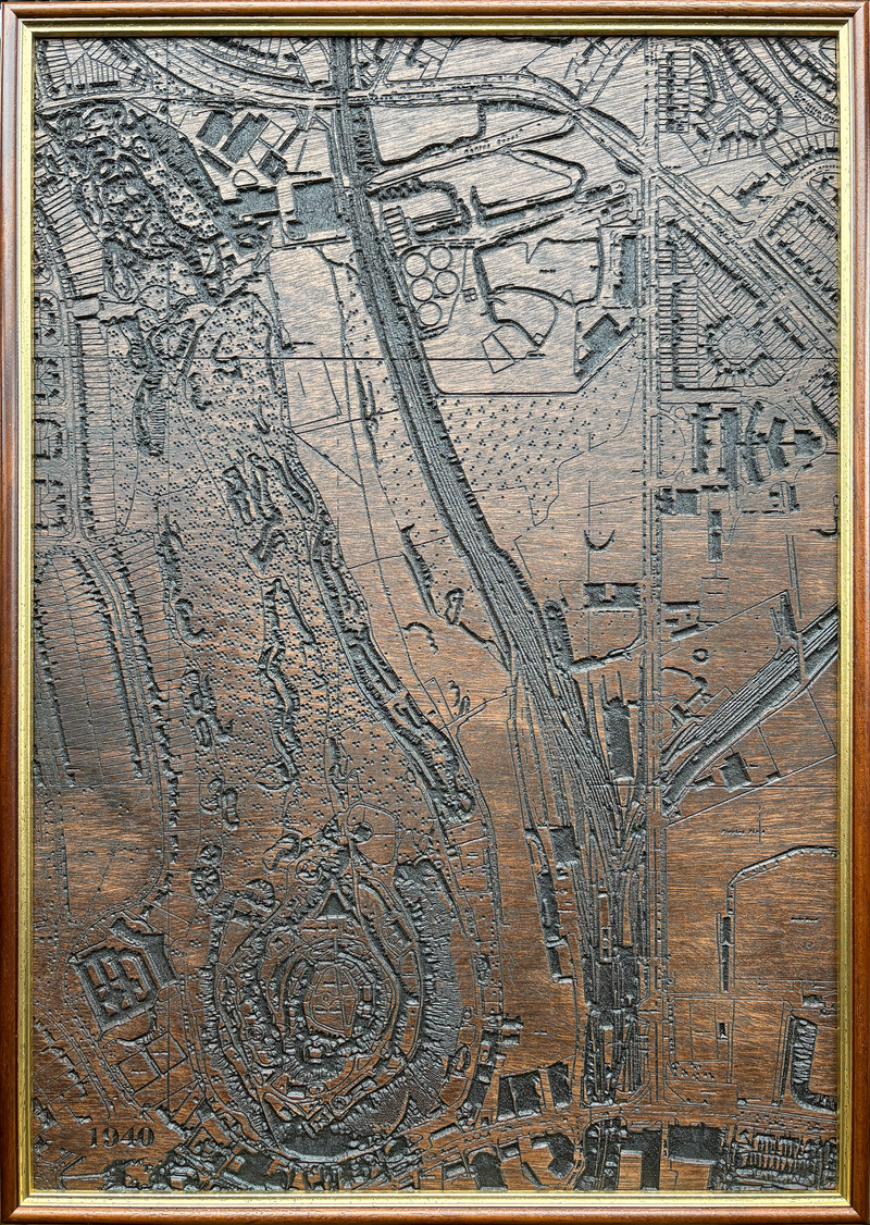 CNC-carved wooden map of Dudley Castle and surrounding land, based on an 1892 historical map, framed wall art.