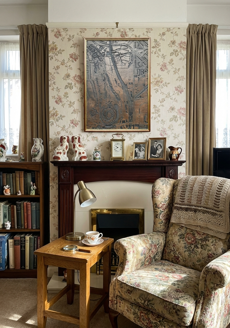 Carved wooden map art of Dudley Castle in the home of an elderly person.