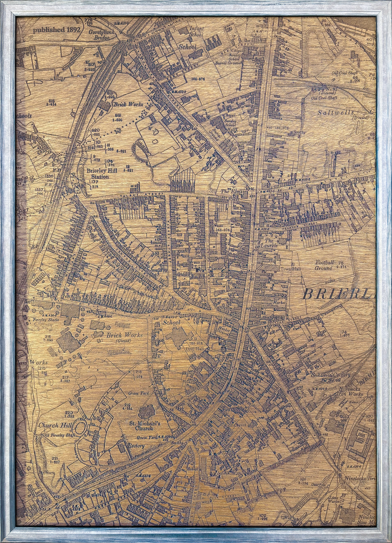 CNC-carved wooden map of Brierley Hill High Street, based on an 1892 historical map, framed wall art. A2 Size.