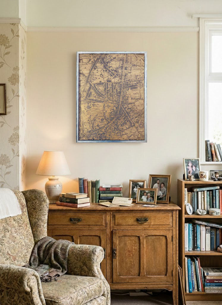 CNC-carved wooden map of Brierley Hill High Street, based on an 1892 historical map, framed wall art. A2 Sze.