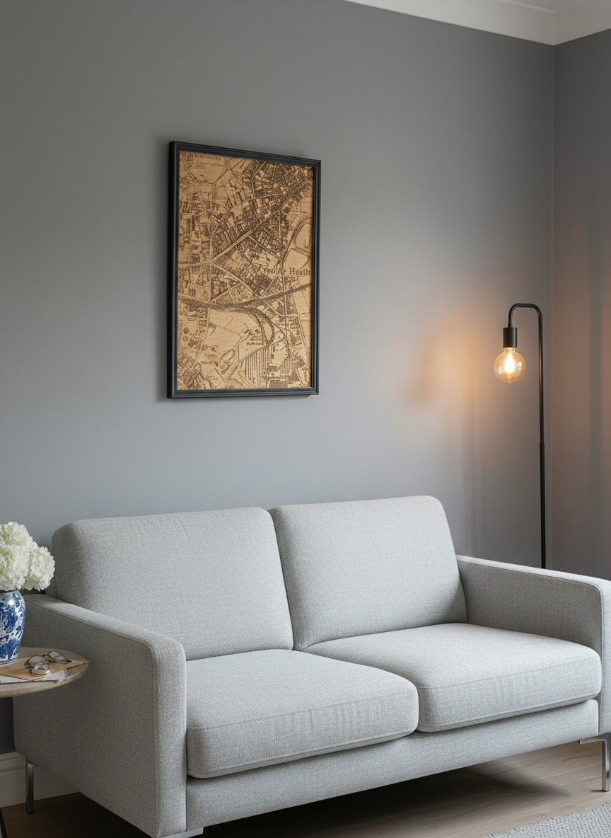 Carved wooden map of Cradley Heath, based on an 1892 historical map, framed wall art. In a a living room with a sofa.