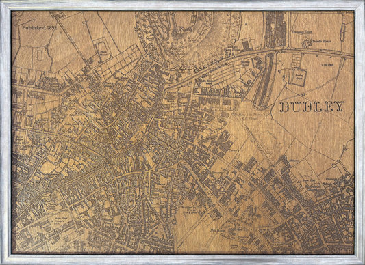 CNC-carved into a hardwood panel of a map of Dudley High Street, based on an 1892 historical map, framed wall art.