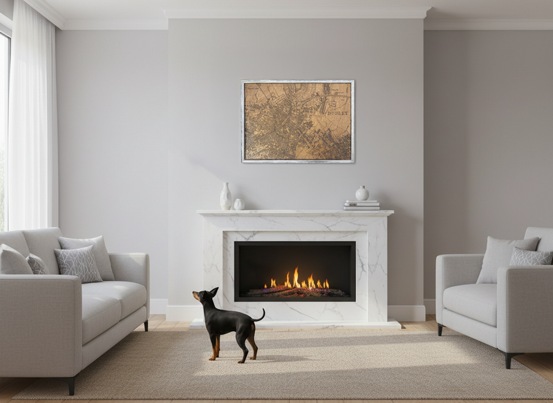 CNC wall art of Dudley High Street displayed in a middle class family home with a Miniature Pincher dog.