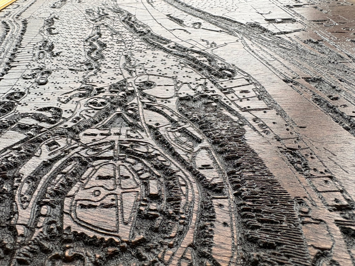 Close in view of wood carving of a historic map of Dudley Castle dated 1940