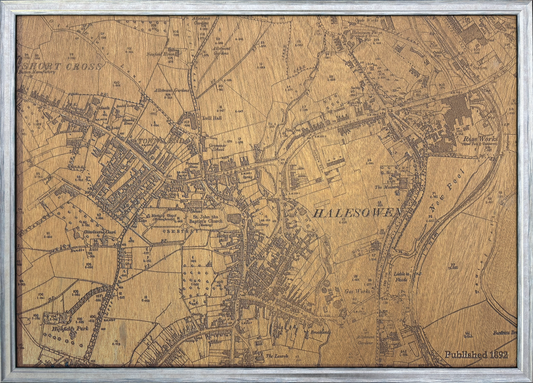 CNC-carved wooden map of Halesowen High Street, based on an 1892 historical map, framed wall art.