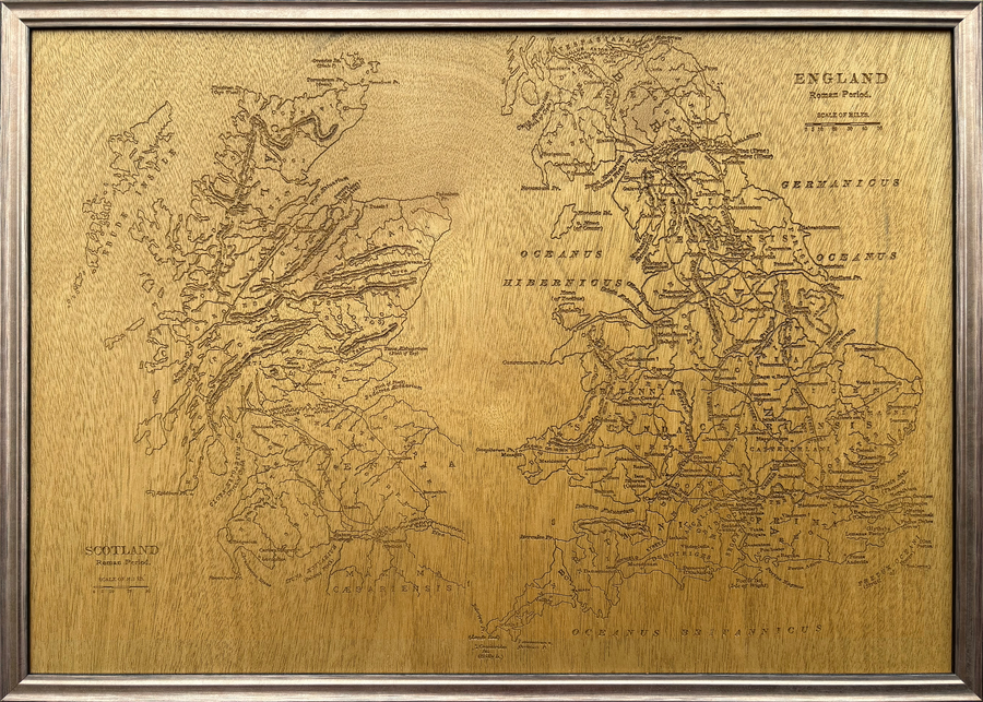 CNC-carved wooden map of the British Isles during the Roman era, showing towns and Roman road network, A2 framed wall art