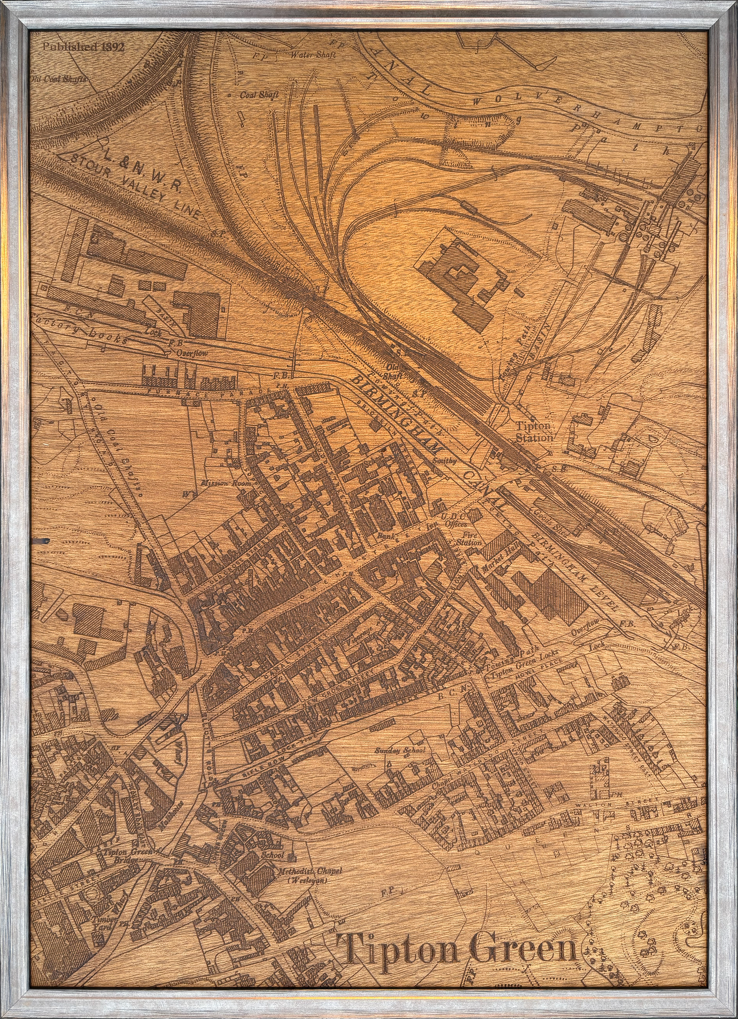 CNC-carved wooden map panel  of Tipton High Street, derived on an 1892 historical map, framed wall art.