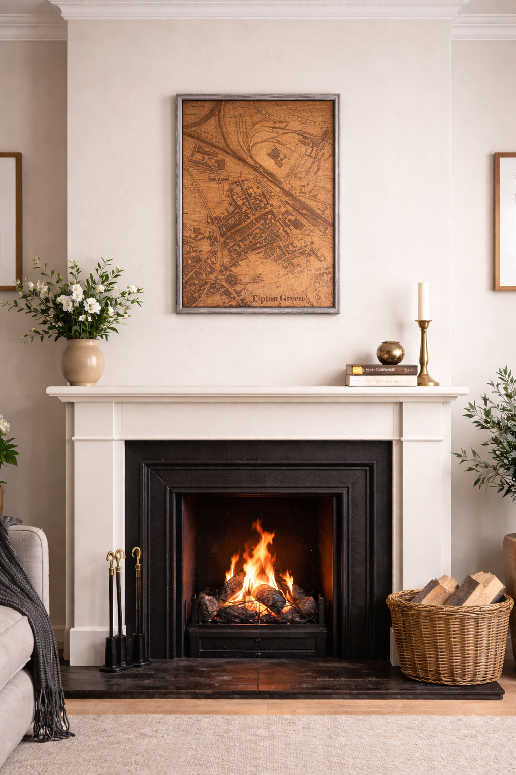 CNC carved wooden map of Tipton area recreated from a historical map of 1891 Framed on the all of a nice house.