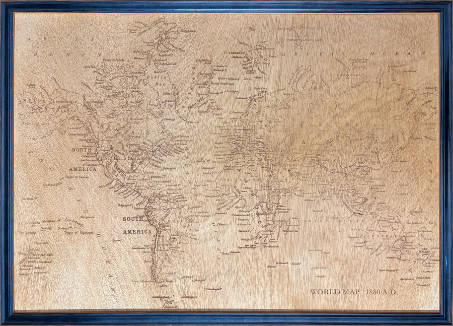 CNC-carved wooden map of the 1880 World Atlas Age of Exploration showing the British Empire, A2 framed wall art